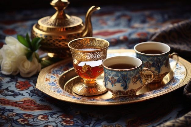 a beautiful Turkish tea set on a table cloth