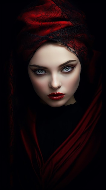 赤黒とオレンジ色のドレスを着て赤黒オレンジのフェドラ帽子をかぶった美しいトルコの女性モデル