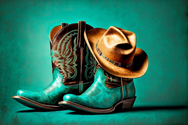 Beautiful turquoise cowboy boots with brown shank and hat