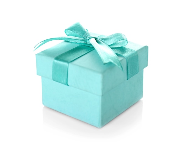 Beautiful turquoise gift box with satin ribbon  background