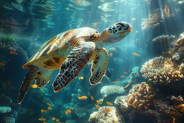 Beautiful turtle swimming in the blue ocean