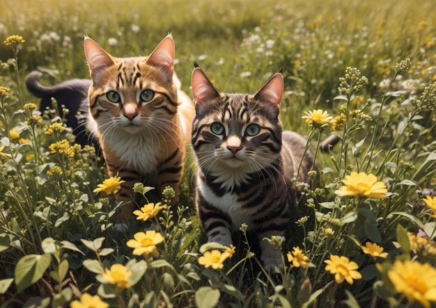 花を持った畑の2匹の美しい猫