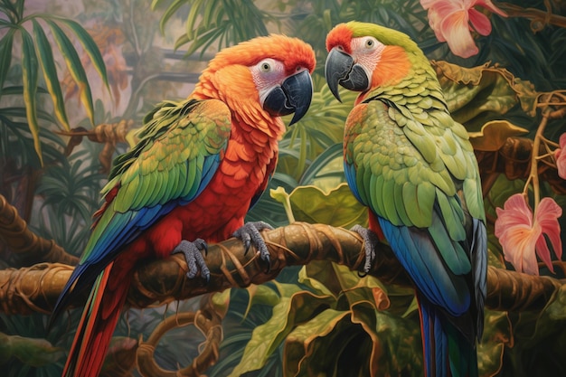 Beautiful two parrots birds on tree branch picture AI Generated art