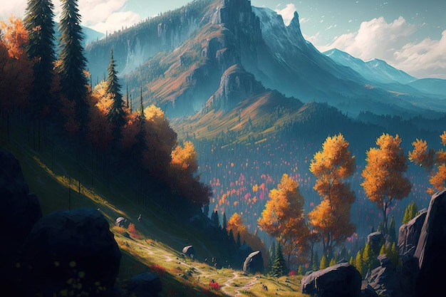 Beautiful Ukrainian mountain view beautiful vista on a bright day with an autumn forest