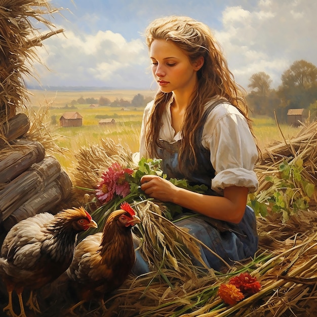 A beautiful Ukrainian woman works on a collective farm