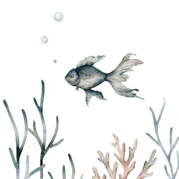 Красивая подводная композиция с акварельной морской жизнью, рыбой, водорослями, кораллом, иллюстрацией