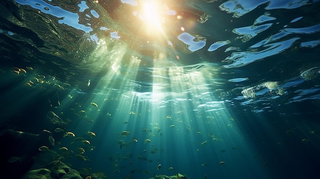 beautiful underwater scene with sunbeams and bubbles underwater