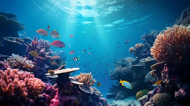 beautiful underwater scenery with various types of fish and coral reefs