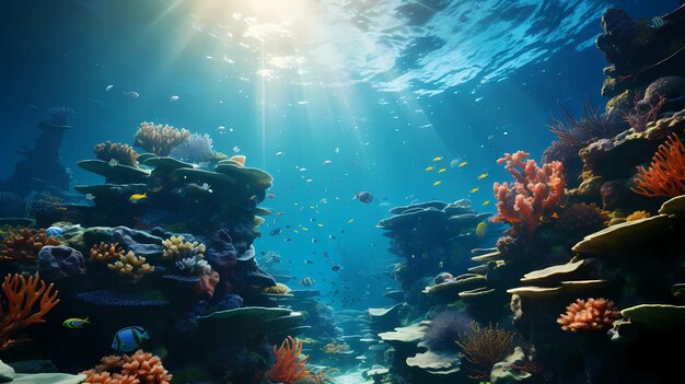 beautiful underwater scenery with various types of fish and coral reefs