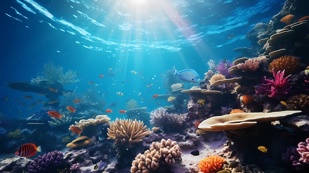 beautiful underwater scenery with various types of fish and coral reefs