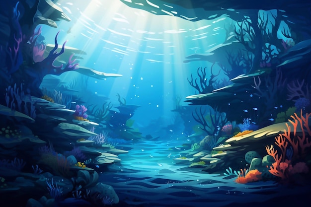 Beautiful underwater sea with reefs and sea inhabitants deep sea deep blue sea