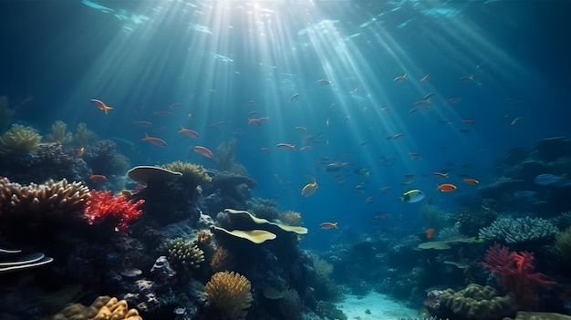 Beautiful underwater view of the coral reef Life in the ocean School of fish
