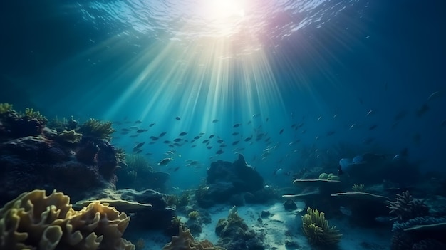 Photo beautiful underwater view of the coral reef life in the ocean school of fish