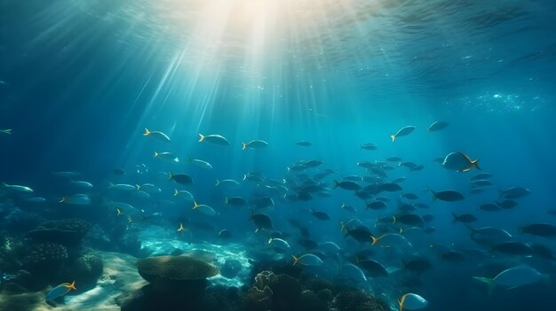 Photo beautiful underwater view of the coral reef life in the ocean school of fish