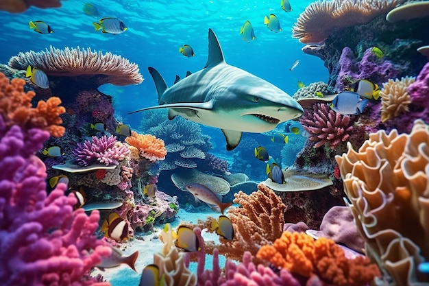 Beautiful underwater view with shark whale swims between the colorful coral reef