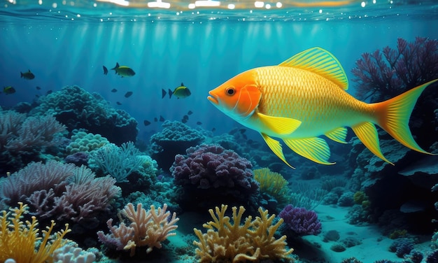 Beautiful underwater view with tropical fish coral reefs sun rays generative ai