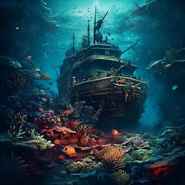 Beautiful underwater world with shipwreck and tropical fish 3d rendering