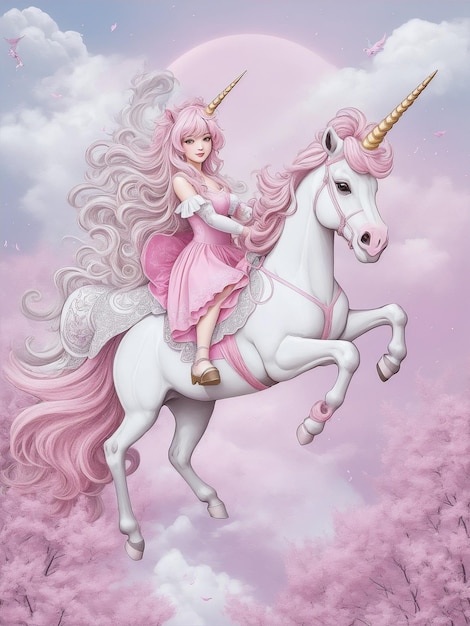 A beautiful unicorn girl in dress riding a unicorn fly AI generated