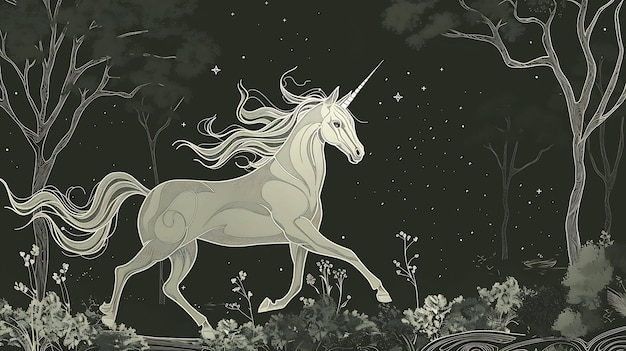 Photo a beautiful unicorn is running through a dark forest the unicorn is white with a long flowing mane and tail it is surrounded by trees and flowers