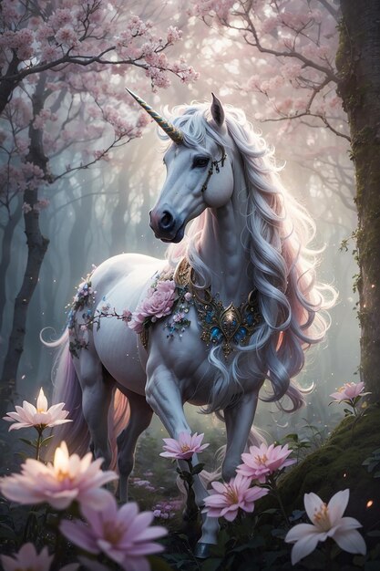 A beautiful unicorn in a magical forest