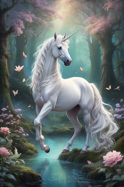 A beautiful unicorn in a magical forest