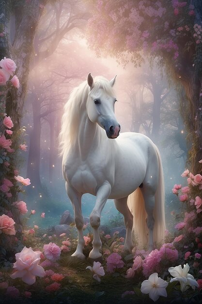 A beautiful unicorn in a magical forest