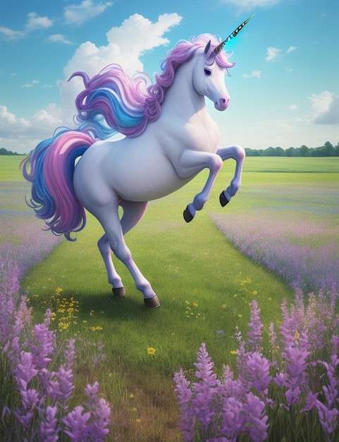 Foto bellissimo unicorno che corre in un magico prato unicorno immagini di sfondo unicorno stravagante