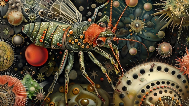 Foto un bellissimo e unico dipinto digitale di un insetto verde e rosso l'insetto è circondato da forme e creature colorate e astratte