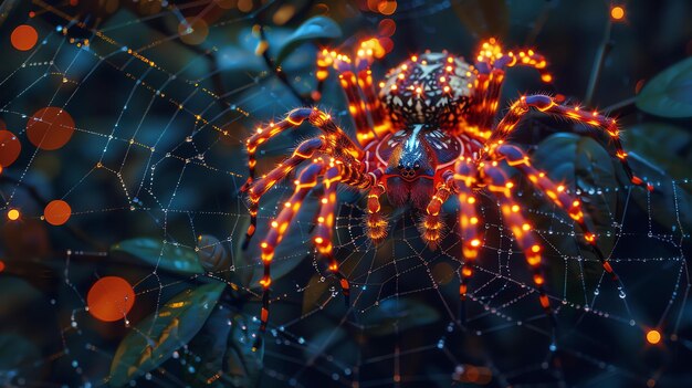 Foto un bellissimo e unico ragno con gambe arancione e gialle luminose si siede sulla sua rete al centro della cornice