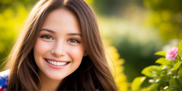 Foto un ritratto di una bella ragazza statunitense che sorride sullo sfondo sfocato della natura