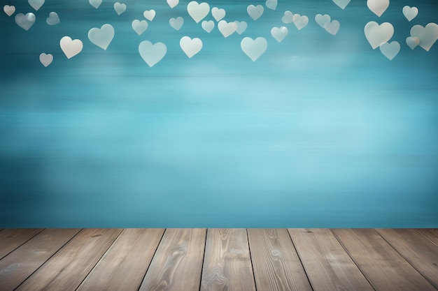 прекрасный синий фон с сердцами и пустым деревянным полом копировать пространство