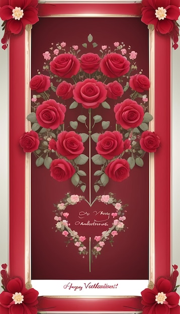 Beautiful valentine card with blooming roses and buds in red frame AI generated