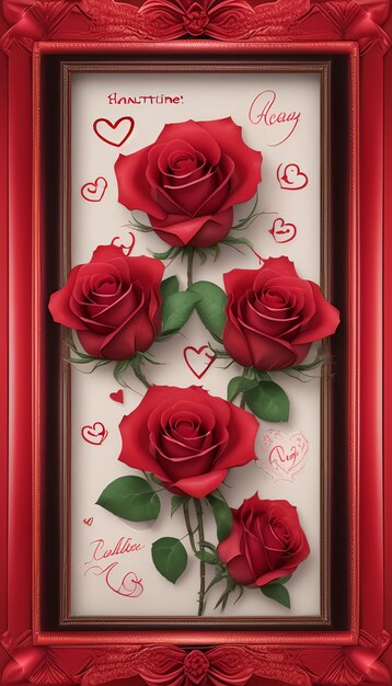 Beautiful valentine card with blooming roses and buds in red frame