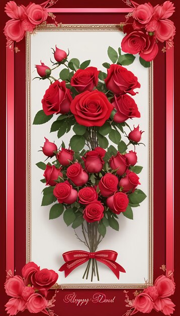 Beautiful valentine card with blooming roses and buds in red frame