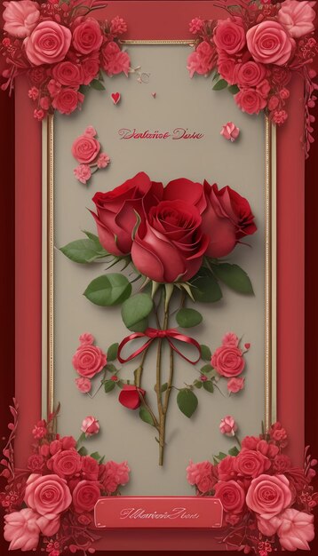 Beautiful valentine card with blooming roses and buds in red frame