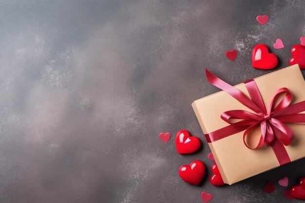 선물 상자 리본 빨간색 하트가 있는 아름다운 발렌타인 데이 배경에는 장미와 복사 공간이 제공됩니다.