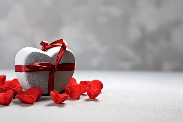 Beautiful valentine day background with gift box ribbon red hearts presents roses and copy space