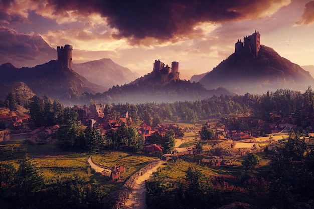 A beautiful valley old medieval fantasy town and castle concept art