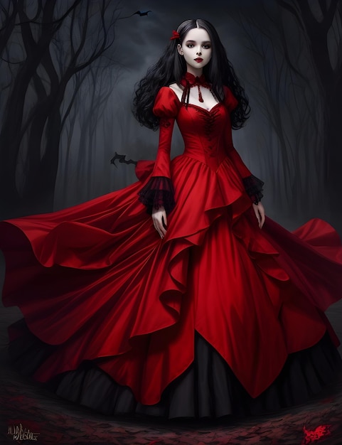 A beautiful vampire girl with a red frock and long hair in a horror night halloween wallpaper