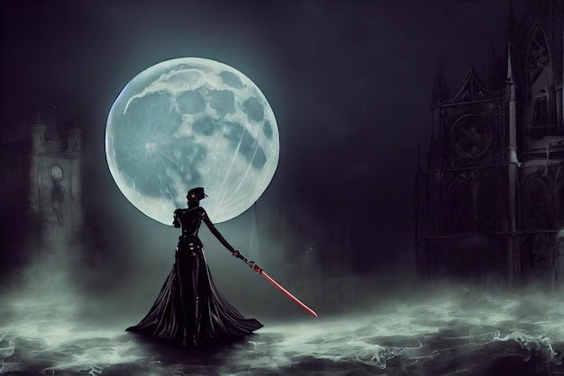 A beautiful vampire hunter girl in a leather suit with a long\
magic saber night and fog outside a bright full moon illuminates\
the estate