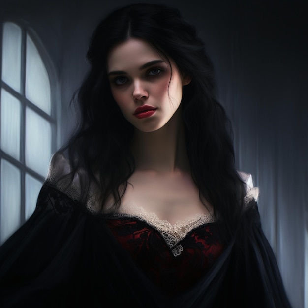 A beautiful vampire with black hair and black clothes 11