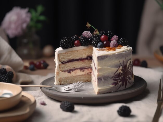 Photo beautiful vanilla blueberry cake on the table generative ai