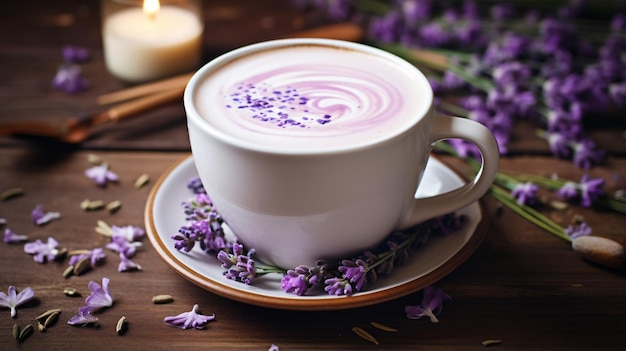 Beautiful vanilla lavender latte on a wooden table