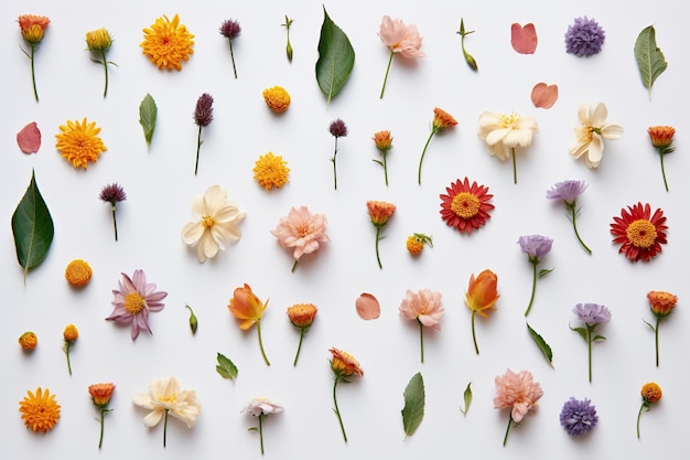 Beautiful and various flowers on white background Generative AI