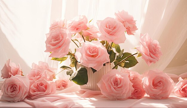 A beautiful vase filled with pink roses on a table