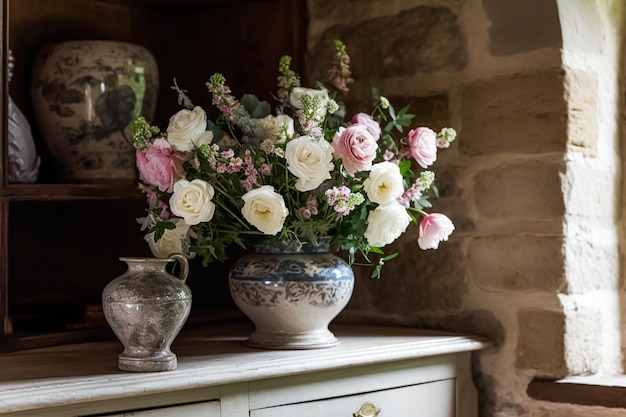 Beautiful vase with spring flowers bouquet as home decor in the countryside cottage Generative AI