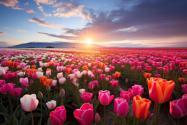 Beautiful vast tulip flowers field