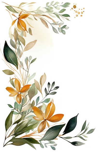 Beautiful vector watercolor floral card with yellow flowers and green leaves Generative AI