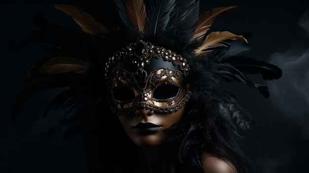 Beautiful Venetian mask with feathers on a black backgroundgenerative ai