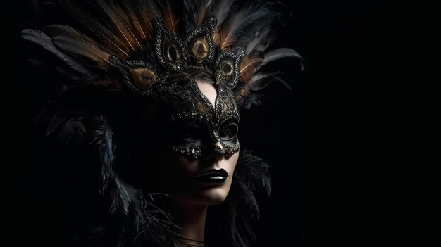 Beautiful Venetian mask with feathers on a black backgroundgenerative ai